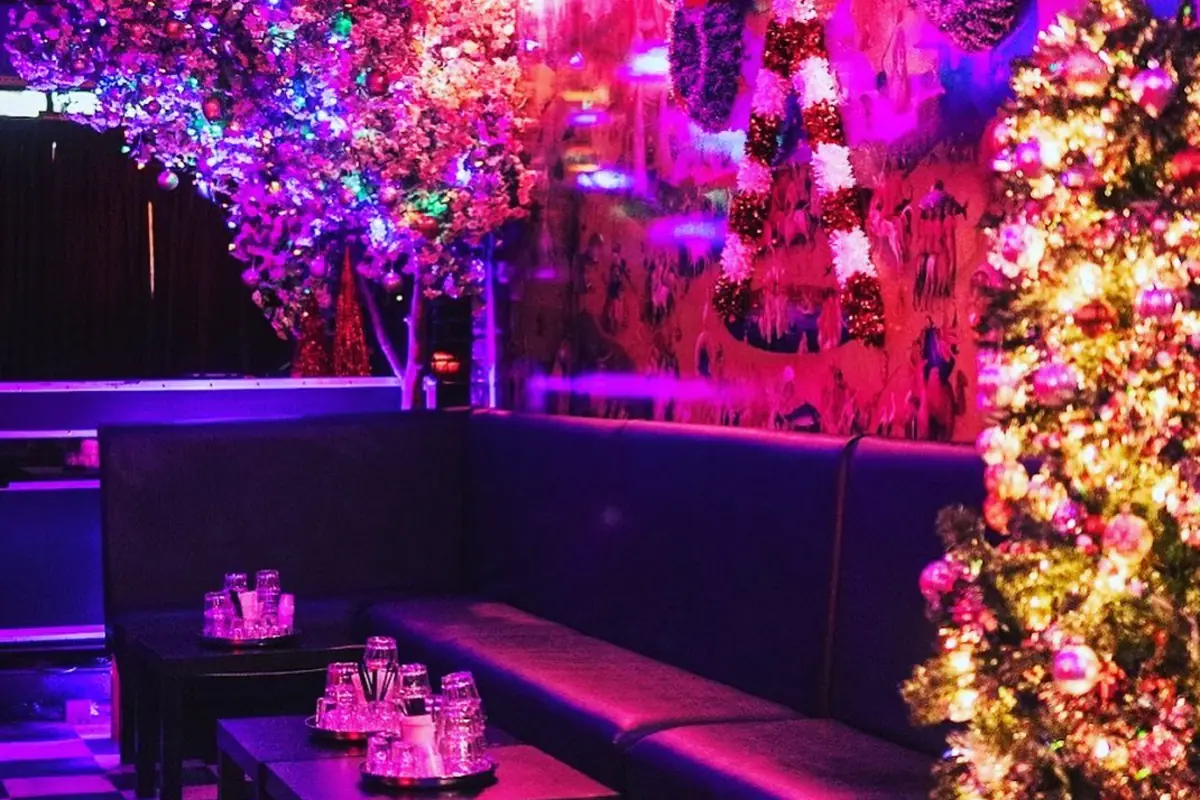 Inside Bar Karma on Queen West. Neon-lit lounge with leather banquette, glassware on tables, decorative trees and tinsel overhead.